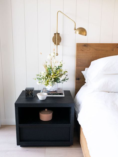 Baxter Project - Master Bedroom Reveal — Light & Dwell Bedside Table Styling, Bedside Table Decor, Light And Dwell, Black Nightstand, Nightstand Light, Style Nightstand, Bedside Table Design, Sconces Bedroom, Cheap Decor