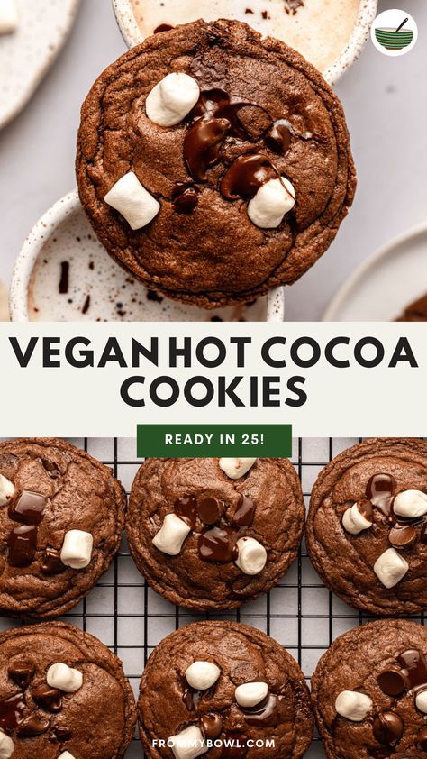 These Hot Cocoa Cookies are stuffed with a double dose of chocolate and fluffy marshmallows. They're the perfect cookies to share with loved ones this holiday season! Vegan, Gluten-Free option. Gluten Free Hot Chocolate, Fluffy Marshmallows, Gluten Free Holiday Cookies, Vegan Chocolate Cookies, Hot Cocoa Cookies, Perfect Cookies, Plantbased Recipes, Hot Chocolate Cookies, Cocoa Cookies