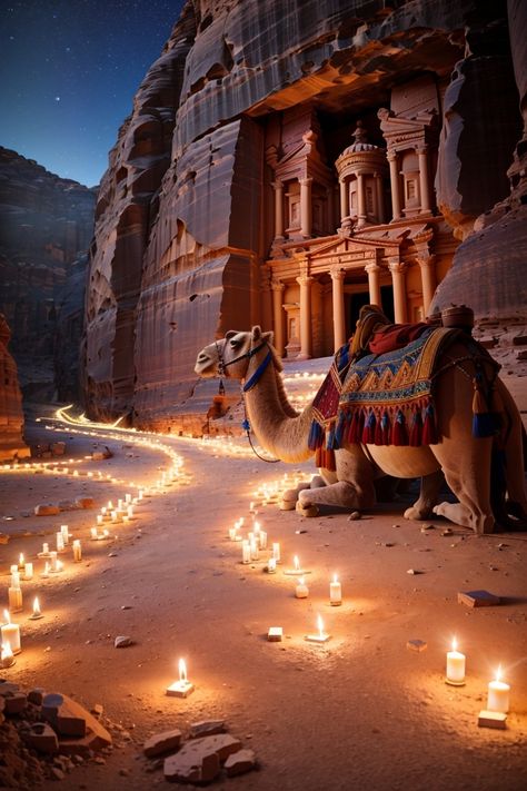 An enchanting night in Petra unfolds where time-honoured treasures meet the celestial skies. The stars lend their brilliance, and a gentle camel finds peace under the moon🌙✨ #petrajordan #petraatnight #starrynight #ancientwonders #candlelit #middleeast #vastlandscape #desert #aiartcommunity #wallpaper For better quality of picture, please visit our instagram link. Arabian Desert Aesthetic, Arabian Nights Aesthetic, Desert Aesthetic, Arabian Night, Petra Jordan, Arab Beauty, Under The Moon, Canvas Painting Designs, Instagram Link