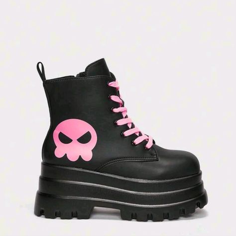 Cartoon Skull Graphic Lace-Up Front Punk Black/Pink Combat Boots Side Zipper Heel 3.3 Inch Round Toe Platform Ankle Boots Upper Material: Microfiber Leather Lining Material: Polyester Insole Material: Polyester Outsole Material: Pur Black And Pink Clothes, Platform Shoes Drawing, Black And Pink Boots, Pink Emo Outfits, Pink And Black Boots, Pink Techwear, Pink Punk Outfits, Pink And Black Shoes, Pastel Goth Shoes