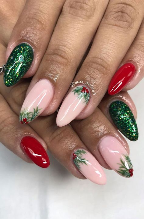 15. Green and Red Mistletoe Christmas Nails Christmas Holiday is on its way and the season to appreciate all the beautiful things,  such as... Christmas Nail Art Red And Green, Holly Design Nails, Christmas Berry Nails, Green Red Nails Christmas, Red Mistletoe Nails, Christmas Festive Nails, Mistletoe Nails Christmas, Pink Red Green Christmas Nails, Red And Green Holiday Nails