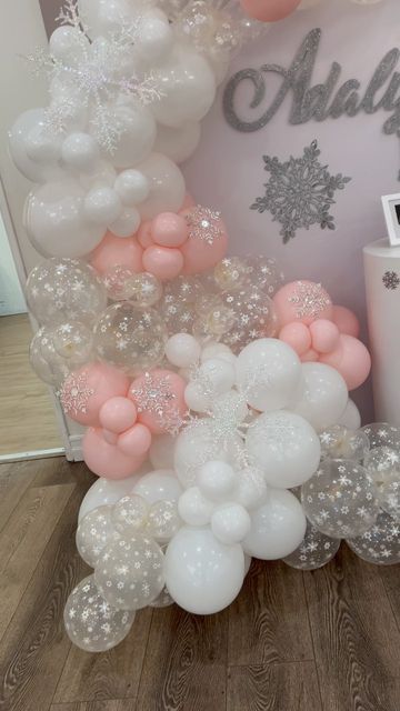 Pink Winter Balloon Arch, Snowflake Theme Baby Shower Ideas, Winterwonder Land Baby Shower Theme Girl, Snowflake Party Decorations, Snowflake Balloon Arch, A Little Snowflake Is On The Way, Pink Snowflake Baby Shower Ideas, Pink Wonderland Baby Shower Ideas, Baby Its Cold Outside Baby Shower Ideas Pink