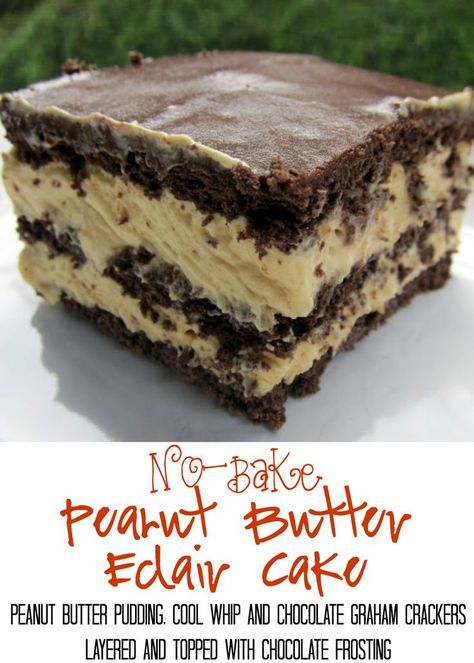 No-Bake Peanut Butter Eclair Cake Recipe - peanut butter pudding, cool whip and chocolate graham crackers layered and topped with chocolate frosting. It gets better the longer it sits in the fridge - it is just SO hard to wait to eat it. SOOO good. People go nuts over this easy dessert recipe! No Fail Cookie Recipes, Nutter Butter Wafer Recipes, Peanut Butter Eclair Cake, Peanut Butter Eclair, Eclaire Cake, Chocolate Cake Desserts, Eclair Cake Recipe, Peanut Butter Pudding, Eclair Cake Recipes