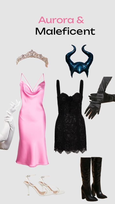 Duo Halloween Costumes Aurora And Maleficent, Maleficent Aroura Costume, Maleficent And Aurora Costume Duo, Aura And Maleficent Costume, Aroura Costume Ideas, Maleficent And Aroura Costume, Malificiant And Aurora Costume, Aroura Halloween Costumes, Sleeping Beauty And Maleficent Costumes