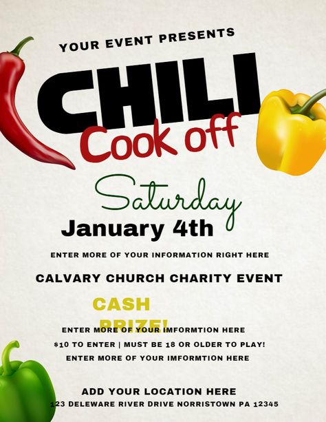 Printable Chili Cook Off poster/flyer template. Click to customize. Chilli Cookoff, Halloween Chili, Chili Contest, Bake Sale Flyer, Chili Cookoff, Restaurant Poster, White Chili, Flyer Free, Printable Menu