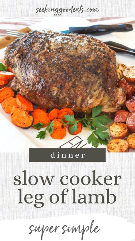 Slow cooker leg of lamb is an easy-to-make crockpot recipe perfect for any meal and special enough for a holiday. This lamb leg roast is tender, juicy, and flavorful. You'll love the tasty broth with wine, fresh herbs, and garlic - makes amazing gravy. This crockpot lamb roast can be cooked so that it is sliced or until it is fall-off-the bone. Roast Half Leg Of Lamb, Slow Cooker Leg Of Lamb, Crockpot Lamb, Leg Of Lamb Recipe, Clean Eating With Kids, Lamb Leg Recipes, Crispy Roast Potatoes, Roast Lamb Leg, Roast Lamb