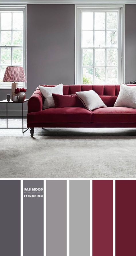 The Lady Grey Sofa upholstered in Studio Rich Stain Resistant Velvet ‘Garnet’  from Love Your Home. Berry and Grey Living Room Colour Scheme A... Rich Colours Living Room, Velvet Red Color Palette, Dark Grey And Red Living Room, Burgundy Grey Living Room, Red Colour Palette Living Room, Red Sofa Decorating Color Schemes, Grey Burgundy Bedroom, Color Combos For Rooms, Dark Colour Room Ideas