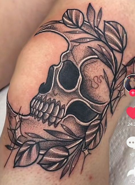 Leg Skeleton Tattoo, Knee And Shin Tattoos For Women, Filling In Sleeve Tattoo Spaces, Skull Knee Cap Tattoo, Knee Tattoo Cover Up Ideas, Knew Cap Tattoo, Lower Back And Hip Tattoos, Skeleton Clown Tattoo, Ghost Sleeve Tattoo