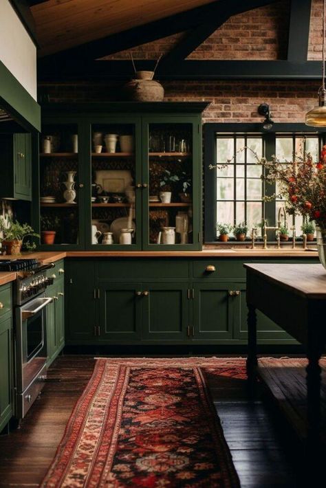 Cottage Core Kitchen Ideas, Dark Kitchens, Moody Farmhouse, Cottage Core Kitchen, Tessa Bailey, Moody Kitchen, Kitchen Vibes, Dark Green Kitchen, Green Kitchen Designs