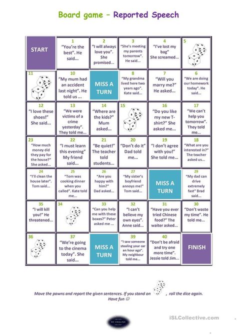 Reported Speech - board game - English ESL Worksheets for distance learning and physical classrooms Grammar Board Games, 3 Word Game, English Games For Adults, English Games Teaching, English Board Games, Adult Worksheets, English Word Games, Esl Board Games, English Grammar Games