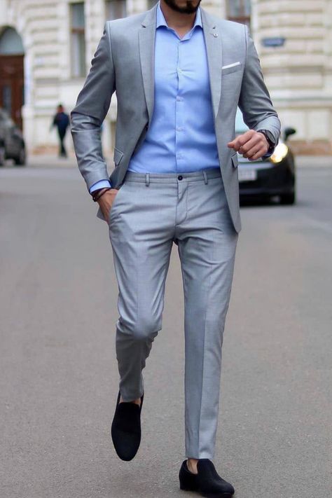 Grey Suit Blue Shirt Men, Light Grey Suits For Men, Grey Suit With Blue Shirt, Grey Blue Suit Men, Grey Suit Blue Pants Men, Grey Suit Outfit Men, Grey Suit Blue Vest, Grey And Blue Suit, Blue Shirt Grey Pants Men