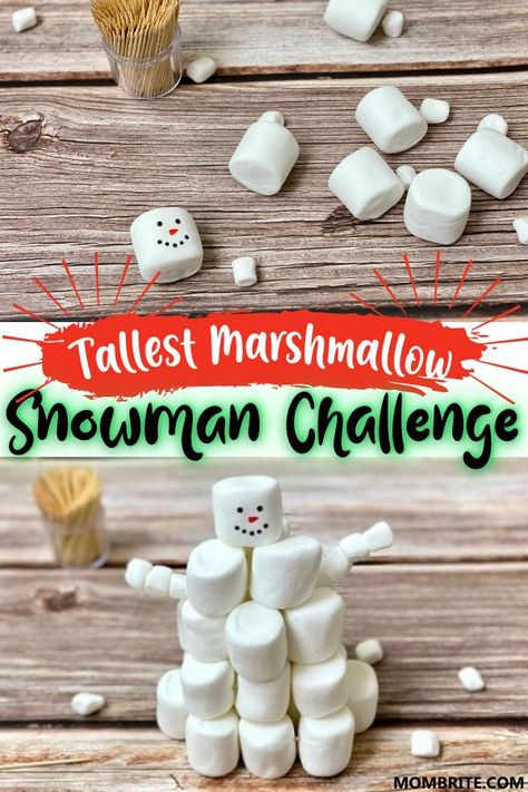 Tallest Snowman Stem Challenge, Fun Winter Break Activities For Kids, Christmas Kid Activity, Holiday Family Crafts, Winter Party School Ideas, Tallest Marshmallow Snowman Challenge, Exploding Snowman Experiment, Fun Winter Games For Kids, Winter Themed Science Experiments