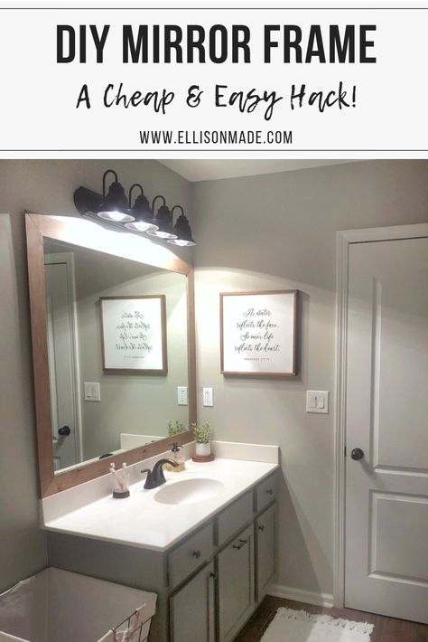 Update your builder grade mirror by adding a wood frame - it's as easy as measure, cut, stain & glue! This project made me ask the question, "why didn't I do this sooner?" it made such a difference in the space. Check out the before! #diy #diyblogger #homedecor #guestbath Framing A Builder Grade Mirror, Frame Contractor Grade Mirror, Wood Frame Around Bathroom Mirror, Framed Builder Grade Mirror, Trim Mirror Bathroom Diy Frame, Frame Builder Grade Mirror Easy Diy, Wood Trim Around Bathroom Mirror, Frame A Builder Grade Bathroom Mirror, Update Builder Grade Mirror