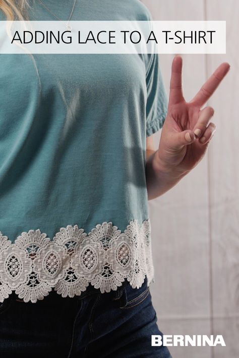 Add Crochet To Bottom Of Shirt, Doily Clothes Diy, How To Add Lace To Your Clothes, How To Add Lace To A Shirt, Add Lace To T Shirt, Adding Lace To Clothes, Adding Lace To A Shirt, Diy Lace Shirt, Diy Lace Sleeves