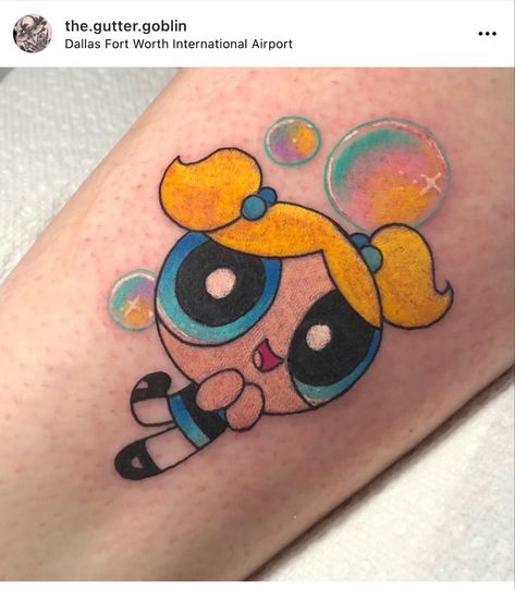 Bubbles Powerpuff Tattoo Ideas, Mojo Jojo Tattoo, Bubbles Tattoo Powerpuff, Bubbles Powerpuff Tattoo, Powerpuff Tattoo, Powerpuff Girls Tattoo, Bubble Tattoo, Shen Long Tattoo, Bubbles Powerpuff