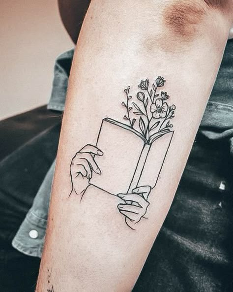 Fantasy Reading Tattoo, Cute Book Tattoos For Women, Bookish Back Tattoos, Woman Reading Book Tattoo, Book Tattoo Ideas Minimalist, Reader Tattoo Ideas Small, Woman Reading Tattoo, Book Line Tattoo, Book Tattoo Ideas For Women Small