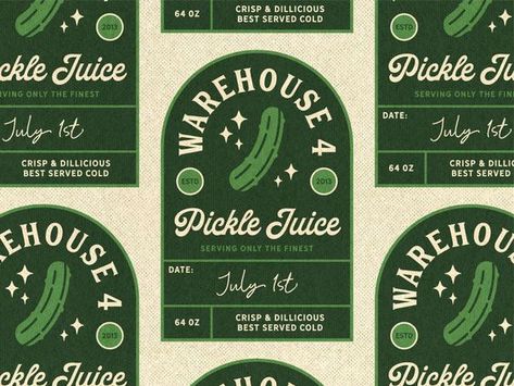 Retro Pickle Illustration, Retro Modern Packaging, Pickle Branding Packaging Design, Brunch Branding Design, Pickle Jar Label Design, Fun Label Design, Apothecary Graphic Design, Aesthetic Label Design, Brunch Graphic Design