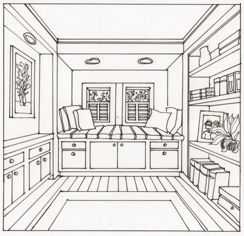 Drawing an interior space with one point perspective One Point Perspective Room, Room Perspective Drawing, 1 Point Perspective Drawing, Perspective Room, 1 Point Perspective, Drawing Room Interior Design, Perspective Drawing Architecture, Bedroom Drawing, Drawing Room Interior