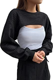 Amazon.com : Crochet Shrug Crop Top Outfits, Super Cropped Sweater, Super Crop Top, Ropa Upcycling, Aesthetic Streetwear, Knit Shrug, Pointelle Knit, Cropped Tops, Bishop Sleeve