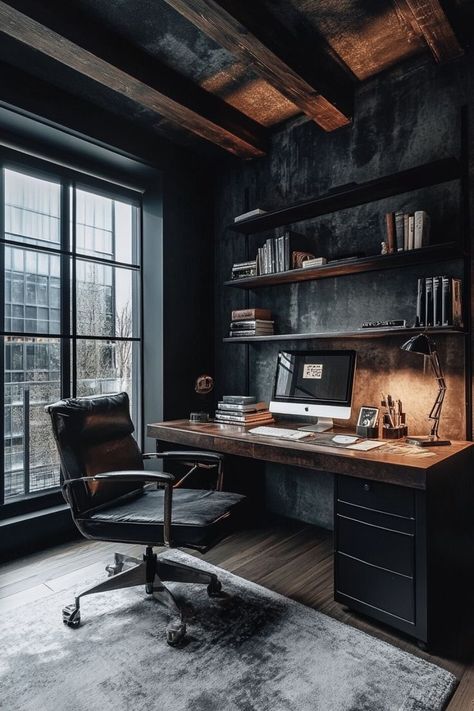 Men’s Small Office, Dark Color Office, Rustic Office Decor Ideas, Cottage Office Ideas, Desk Astethic, Modern Masculine Office, Home Workspace Ideas, Office Ideas For Men, Masculine Home Office Ideas