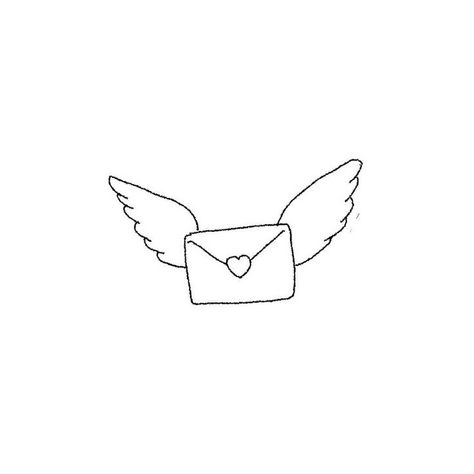 Heart Envelope Drawing, Mail Letter Tattoo, Love Letter Tattoo Envelope, Angel Wings Doodle, Wing Doodle, Angel Doodles, Heart Envelope Tattoo, Angel Line Drawing, Heart Wings Tattoo