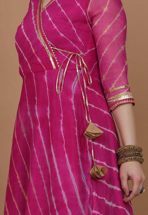 Leheriya Printed Chiffon Kurta in Fuchsia : TZQ510 Lehriya Sharara Designs, Bandhni Gown Designs Latest, Lehriya Anarkali Suits, Lehriya Dress Design, Traditional Kurti Designs Latest, Leheriya Suit Design, Lehriya Anarkali, Lahariya Kurti Design, Lahriya Kurti Design