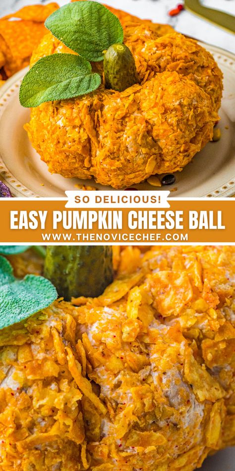 A shredded cheddar and cream cheese mixture (with bacon bits!) is shaped like a pumpkin, and rolled in crushed Doritos. A perfect Fall appetizer that everyone will love! Pumpkin Shaped Cheeseball With Doritos, Dorito Pumpkin Cheeseball, Jalapeno Popper Cheese Ball Pumpkin, Doritos Cheese Ball, Dorito Cheese Ball, Pumpkin Cheese Ball Recipe, Bacon Cheeseball Recipes, Cream Cheese Balls Recipe, Pumpkin Cheese Ball