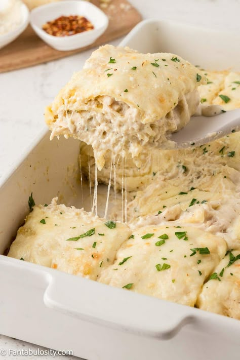 This easy chicken Alfredo lasagna recipe uses jar Alfredo sauce, rotisserie chicken, mozzarella, ricotta and a few other simple ingredients. Chicken Alfredo Lasagna Roll Ups Recipe, Chicken Lasagna Recipe Easy Simple, Easy Rotisserie Chicken Casserole Recipes, Easy White Lasagna Recipe, Easy White Chicken Lasagna, Chicken Alfredo Ravioli, Alfredo Lasagna Recipe, Jar Alfredo Sauce, Chicken Lasagna Roll Ups