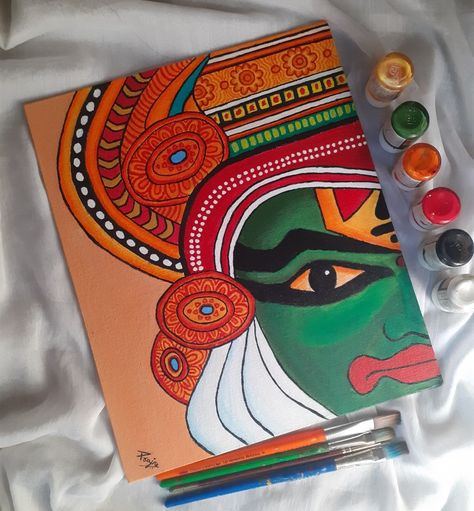 Follow for more arts Small Canvas Board Painting Ideas, Onam Painting Ideas, Onam Drawing Images, A3 Canvas Painting Ideas, Poster Color Painting Artworks, Yakshagana Painting, Mandala Painting Canvases, Poster Colour Art, Unique Mandala Art