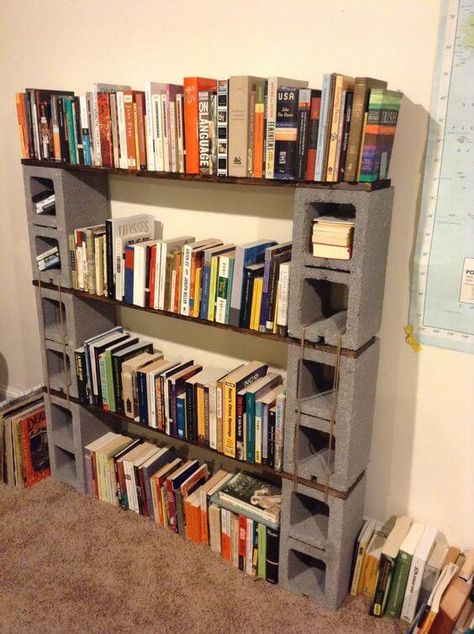 Cinderblock Bookshelves, Cinder Block Bookshelf, Stained Shelves, Cinder Block Shelves, Diy Backyard Decor, Cinder Block Furniture, Brick Shelves, Modern Apartment Living Room, Brick And Wood