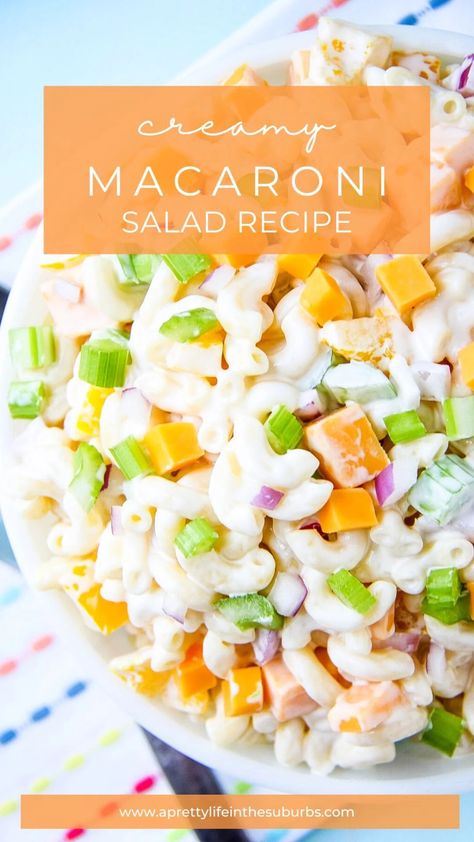 This Creamy Cheddar Macaroni Salad is the perfect summer pasta salad. It's loaded with peppers, celery, onions, chunks of cheddar cheese and elbow noodles, all covered in a tangy sour cream dressing. Simple, quick and so delicious! Sweet And Sour Pasta Salad Recipe, Cheddar Macaroni Salad, Sour Cream Dressing, Best Potluck Dishes, Elbow Noodles, Macaroni Salad Ingredients, Dressing Simple, Easy Macaroni Salad, Veggie Pasta Salad