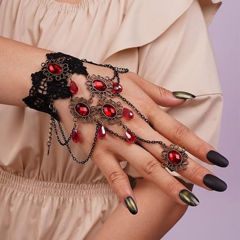 Amazon.com: Kercisbeauty Ruby Red Gemstones Tassel Pendant Wristband with Finger Ring Black Lace Hand Harness for Women Girls Vampire Hand Jewelry (Style 1) : Clothing, Shoes & Jewelry Black And Red Rings, Finger Accessories, Hand Chain Jewelry, Hand Harness, Red Accessories, Hand Chain, Red Gemstones, Black Jewelry, Hand Jewelry