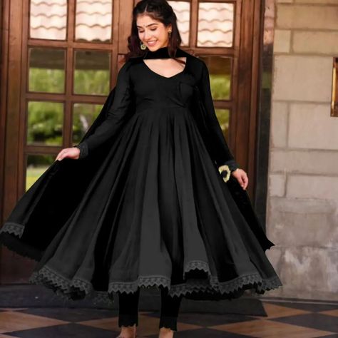 ₹1025 *Presenting New Anarkali Faux Georgette Gown With Fully Flair and Full Stitched With Dupatta Ready To Wear Collection *🍀🌿 *SRK- 5012* 👉 *Rate :-1025 Free Shipping*👈 Vi 🧵*DETAILS* 🧶 👚*Top Fabric*:Heavy Faux Georgette With Full Sleeve And Fancy Latkan Dori And GPO Lace Border ☘️ 👚*Gown Length*:51-52 inches 👚*Gown Inner*: Micro Cotton 👚*Gown Flair * :- *4 Meter* 👚*Bottom *:*Micro Cotton* With GPO Lace Border ✅ *Fully Stitched Ready To Wear * *Length:-40 inch* 👚*Dupatt... Black Anarkali Dress, Party Wear Dresses Indian, Black Anarkali, Simple Frock Design, Designer Anarkali Dresses, Long Frock Designs, Georgette Gown, Long Gown Design, Simple Frocks