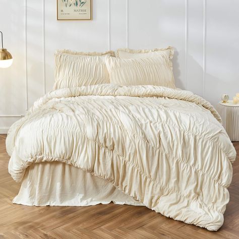 PRICES MAY VARY. Design - Merging innovative abstraction with vintage artistry, our ruched ruffle comforter set offers versatility, year-round use and comfort of an ultra-fine fiber. Fabric - Exquisitely light yet rich in texture, tailored texture’s soft finish accentuates the luxurious touch of our shabby chic bedding set. Masterfully crafted with a lofty fill. What you Get - Over King size comforter (116 x 98”) with 2 standard pillow shams (20 x 36”). Petal-softness, Enveloping feel & Comfortable temperature for Sleeping. Easy Care - Machine washable (in COLD water), avoiding special heavy housework. Hang dry or Tumble dry in LOW. Professional Washing TEST approval, No shrinkage or fade, the boho comforter takes on a NEW look after Test. Warm Tips - Since the ruched comforter set is pack Bedroom Boho Bedding, Chic Boho Bedding, Boho Chic Bedroom Overstock, Bed Comforter Tan Ruffel, Boho Theme Bed Room, Boho Chic Bedroom Walmart, Beds Cottage Core, Boho Bedroom Overstock, Bedding And Curtain