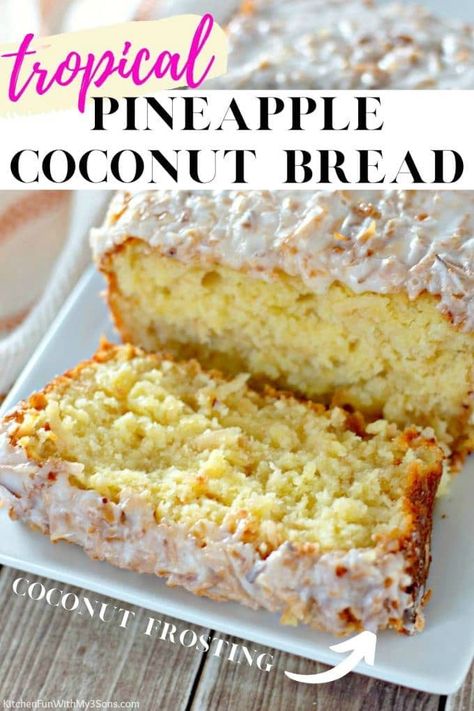 Pineapple Coconut Bread is a sweet quick bread that tastes like a tropical paradise! A delicious loaf filled with pineapple and coconut topped with a creamy coconut frosting, this recipe is sure to be one of your new favorites. Sweet Quick Bread, Pineapple Coconut Bread, Coconut Glaze, Coconut Bread Recipe, Pineapple Bread, Baking With Coconut Flour, Pineapple And Coconut, Cinnamon Raisin Bread, Coconut Bread