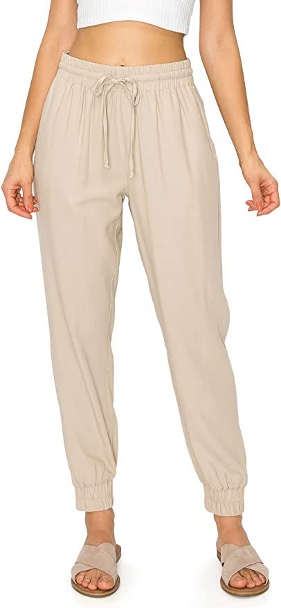 Cali1850 Women's Linen Joggers Pants - Oceanside Drawstring Elastic Waist Casual Lounge Tapered Leg Trousers with Pockets 51786Z-LNN Khaki L at Amazon Women’s Clothing store Casual Linen Pants, Linen Joggers, Joggers Pants, Business Pants, Joggers Womens, Linen Women, Amazon Women, Color Khaki, Linen Pants