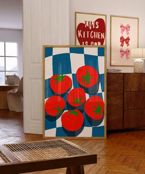 🍅💖 Tomato Love Print - Fun Kitchen Decor for Veggie Enthusiasts 💖🍅 Add a touch of freshness to your kitchen decor with our Tomato Love Print! Featuring charming tomato illustrations and the word "Tomato" on a checkered tablecloth background, this print brings a whimsical and vibrant vibe to any space. As part of our Veggie Kitchen Decor collection, this poster is perfect for veggie enthusiasts and those who appreciate the beauty of fresh produce. Whether displayed in your kitchen, dining are Wall Art Kitchen Ideas, Funky Wall Art Diy, Funky Art Aesthetic, Tomato Decor, Art In Kitchen, Apartment Paintings, Tomato Poster, Tomato Painting, Tomato Illustration