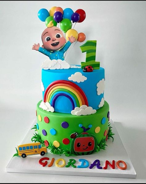 Cocomelon 2 Tier Cake Design, Coco Melon Cake Ideas 1st Birthday, Cocomelon Party Cake, Coco Melon Cake Ideas, Cocomelon Cake Design, Cocomelon Cake Ideas, Coco Melon Cake, Cocomelon Theme Cake, Cocomelon Birthday Cake