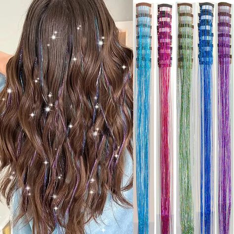 Hair Clip Hairstyle, Glitter Hair Extensions, Tinsel Hair Extensions, Hair Clip Hairstyles, Tinsel Hair, Clip Hairstyle, Hair Tinsel, Fairy Hair, Clip Hairstyles