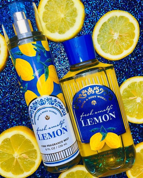 Ashley Hess | 🩵🍋Fresh Amalfi Lemon!🍋💙 🍋The notes on this one read: “Lemon Leaves, Chilled Spearmint, Cedar Wood Citrus” (These are the exact same… | Instagram Yellow Packaging, Lemon Bath, Notes Making, Lemon Leaves, Body Washes, Cedar Wood, Fragrance Mist, Amalfi, Bath And Body Works