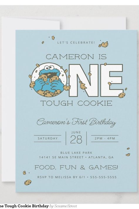 Cookie Monster | One Tough Cookie Birthday Invitation Cookie Monster Invitations 1st Birthdays, Cookies Monster Birthday, One Tough Cookie Birthday, One Tough Cookie Birthday Party, Cookie Monster Invitations, Cookie Monster First Birthday, Cookie Monster 1st Birthday, First Birthday Theme Boy, Sesame Street Birthday Invitations