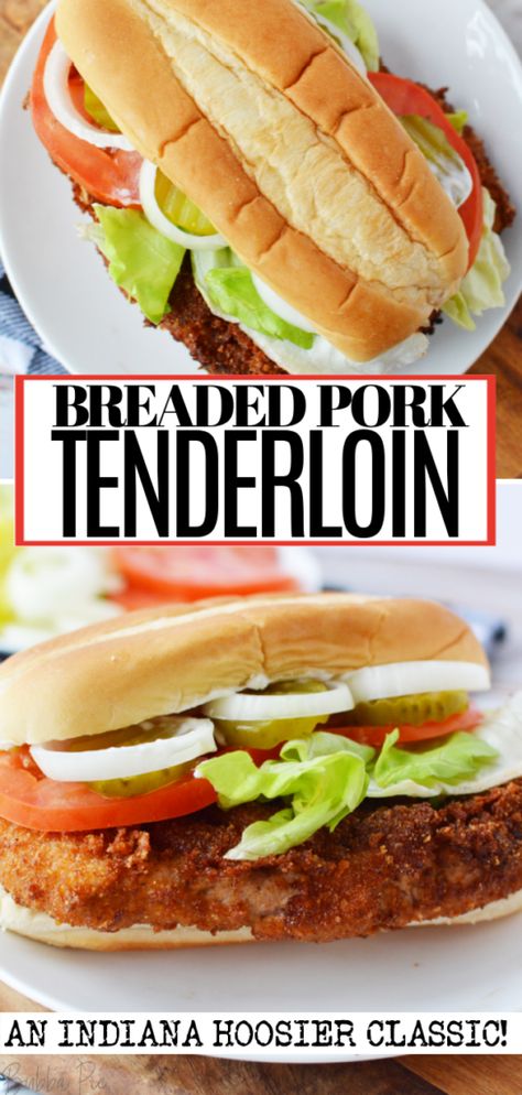 Breaded Pork Tenderloin Sandwich - BubbaPie Hoosier Pork Tenderloin Sandwich, Breaded Pork Sandwich, Pork Cutlet Sandwich Recipes, Pork Tenderloin Sandwiches Recipes, Indiana Pork Tenderloin Sandwich Recipe, Indiana Pork Tenderloin Sandwich, Pork Tenderloin Sandwich Breaded, Cubed Pork Tenderloin Recipes, Breaded Tenderloin Recipe