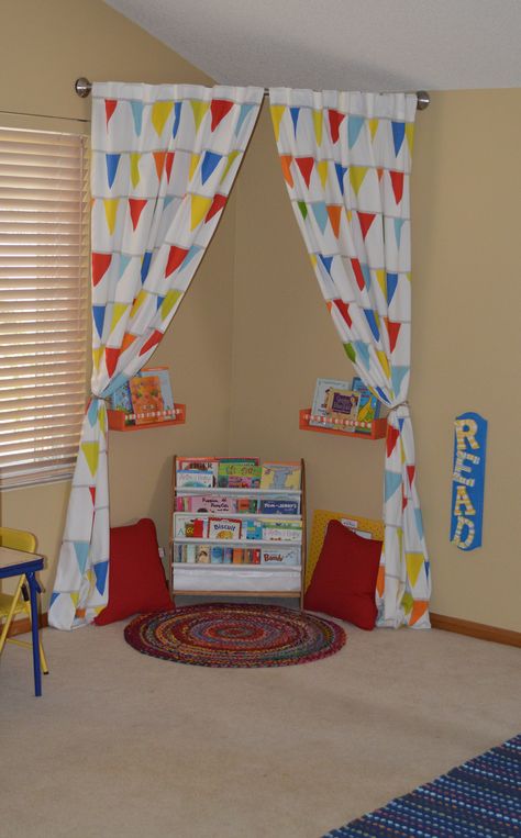 great idea for reading area in child's playroom - just hang curtain rod in the corner with some shelves, pillows, and a rug. Curved Shower Rod, Learning Reading, Shower Rod, In The Corner, Toy Rooms, Big Boy Room, Reading Corner, Reading Quotes, Learning Spaces