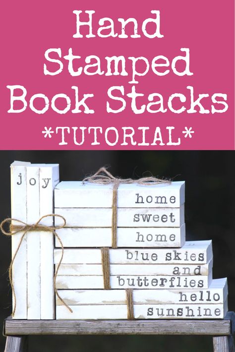 Learn how to make these adorable, farmhouse hand stamped book stacks! These are my favorite craft, and my favorite farmhouse decoration! They also make great gifts and keepsakes! Check out my easy tutorial now :) Book Stamp Ideas, Gems Crafts, Stamped Books, Stamping Crafts, Book Painting, Farmhouse Books, Stacked Books, Farmhouse Crafts, Repurposed Wood