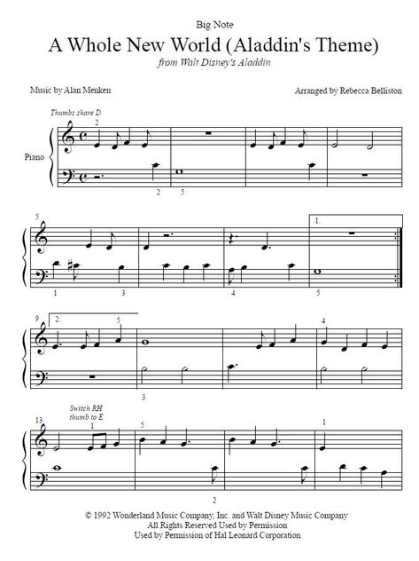 Big Note/Easy Piano beginner sheet music for "A Whole New World" from the movie Aladdin. Totoro Piano Easy, Easy Disney Piano Sheet Music, Easy Piano Sheet Music With Letters Disney, Disney Piano Sheet Music, A Whole New World Piano, Disney Piano Music, Disney Piano, Beginner Sheet Music, Piano Music With Letters