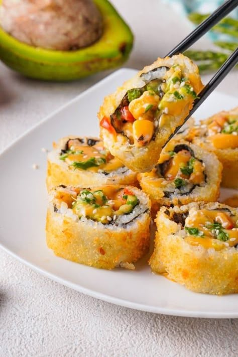 How To Make Deep Fried Sushi, Sushi Recipes Fried, Deep Fried Sushi Rolls Recipes, Deep Fried Sushi Rolls, Deep Fried California Roll, Fried Sushi Recipes, Fried Sushi Rolls, Crunch Roll Sushi, Summer Party Food Ideas