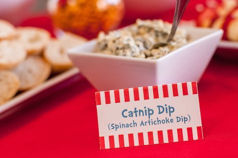 Catnip Dip from Cat in the Hat Themed Birthday Party at Kara's Party Ideas. See more at karaspartyideas.com! Birthday Party Cat Theme Food Ideas, Cat Theme Food Ideas, Kitten Birthday Party Food, Cat In The Hat Themed Snacks, Cat Themed Appetizers, Gabby Cat Birthday Party Food, Cat Party Ideas Food, Cat Birthday Party Food Ideas, Kitten Party Food