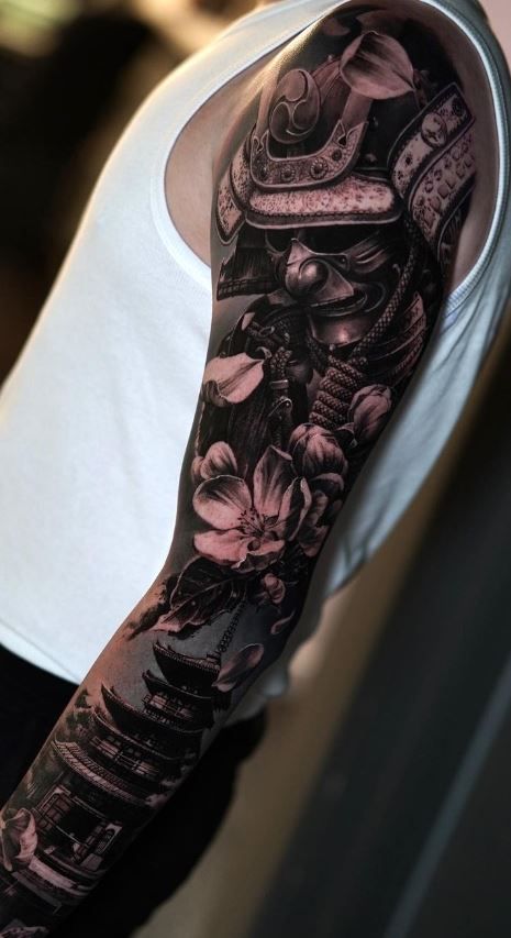 185 Realistic Tattoos That Challenge Reality - Tattoo Me Now Samurai Sleeve Tattoo Design, Black And Grey Samurai Tattoo, Ultra Realistic Tattoo, Tattoo Ideas For Men Samurai, Realistic Shoulder Tattoo Men, Japanese Tattoo Art Realism, Realistic Japanese Tattoo Sleeve, Men’s Realism Tattoo, Asian Style Tattoo Sleeve