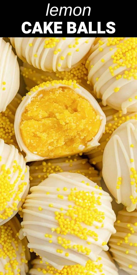 yellow cake balls with white chocolate coating and yellow sprinkles Lemon Cake Truffles, Easy Cake Pops 3 Ingredients, Easy Cake Balls Recipe, Lemon Cake Balls Recipe, Yellow Food Ideas, Cake Cycles, Lemon Cake Pops Recipe, Yellow Treats, Lemon Cake Balls