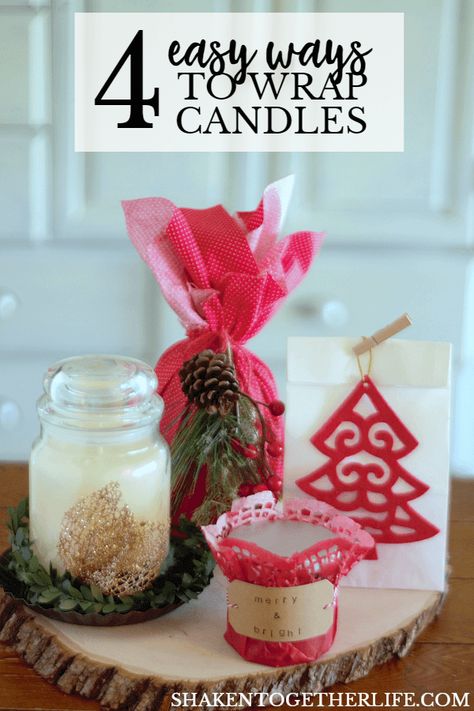 Our 4 easy ways to wrap candles for gifts make holiday gift giving simple and affordable! How To Gift Wrap A Candle, Wrapping A Candle Gift, How To Wrap Candles Gift Packaging Ideas, How To Wrap A Candle For Christmas Gift, How To Wrap Candles For Christmas, Wrapping Candles For Gifts, Wrap A Candle For Christmas, Wrapping A Candle, Gift Wrapping Jar Candles